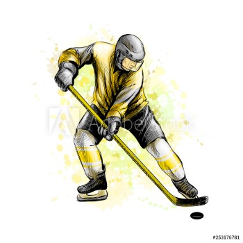 Picture of Abstract hockey player from splash of watercolors Hand drawn sketch Winter sport